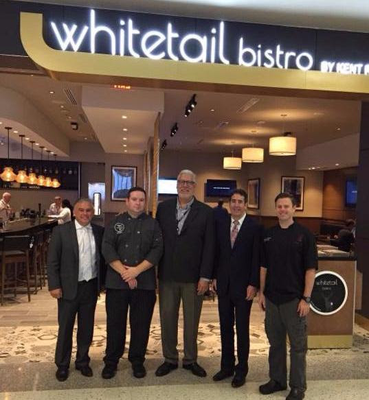The opening team: Chris Gangi, Kent Rathbun Concepts Regional Director of Operations; Joseph Healy, White Tail Bistro Chef; Greg Cabrinha, Paradies LaGardiere; Roger Kaplan, Restaurant Innovations and Christopher Patrick, Executive Chef, Abacus